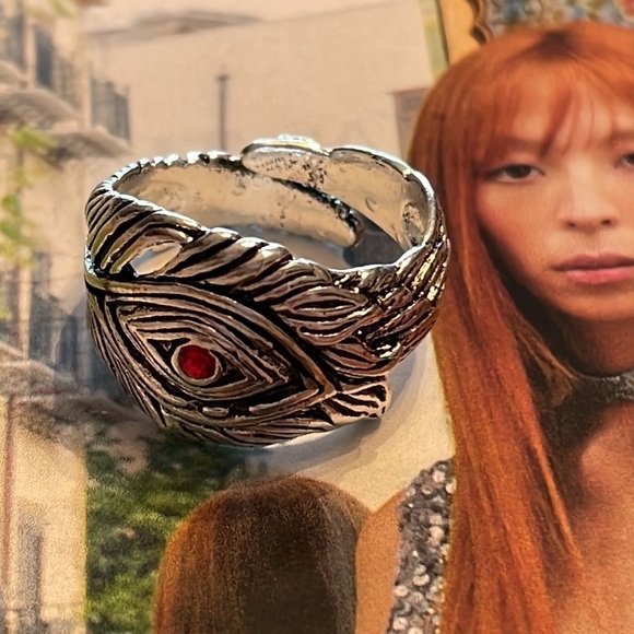 Silver Feather Red Crystal Evil Eye Ring - Picture 3 of 15